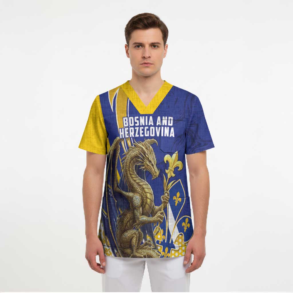 Bosnia and Herzegovina Independence Day Personalized Scrub Top Medieval Dragon Fleur-de-Lis Patriotic