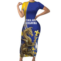 Bosnia and Herzegovina Independence Day Personalized Short Sleeve Bodycon Dress Medieval Dragon Fleur-de-Lis Patriotic