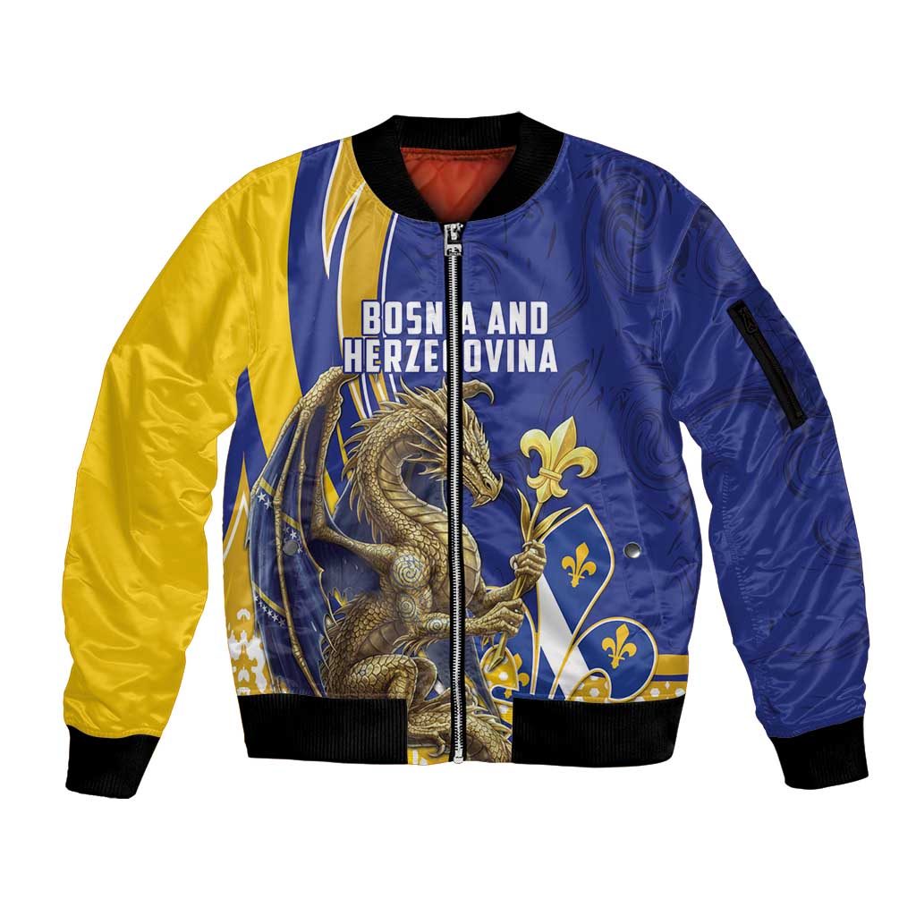 Bosnia and Herzegovina Independence Day Personalized Sleeve Zip Bomber Jacket Medieval Dragon Fleur-de-Lis Patriotic