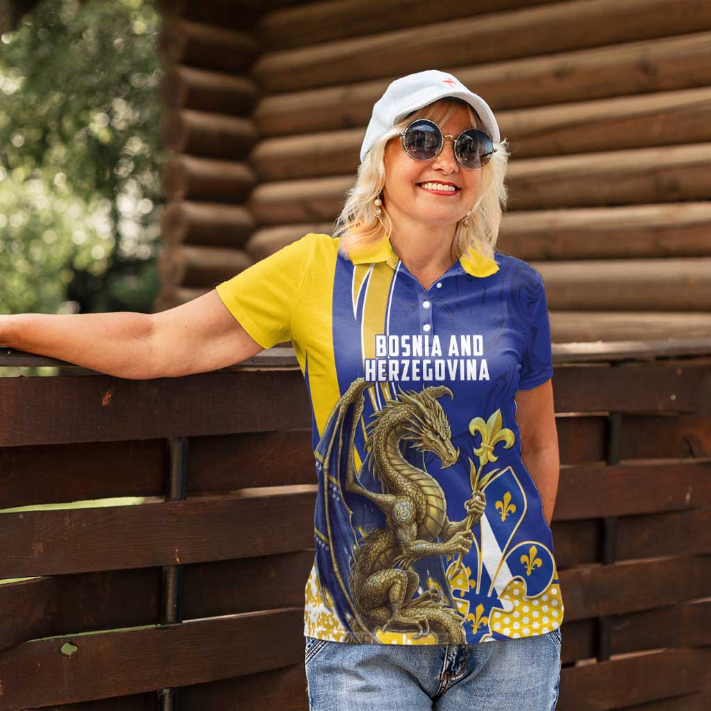 Bosnia and Herzegovina Independence Day Personalized Women Polo Shirt Medieval Dragon Fleur-de-Lis Patriotic