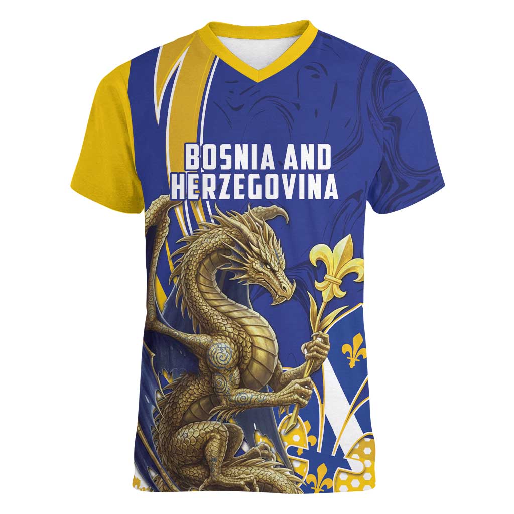 Bosnia and Herzegovina Independence Day Personalized Women V-Neck T-Shirt Medieval Dragon Fleur-de-Lis Patriotic