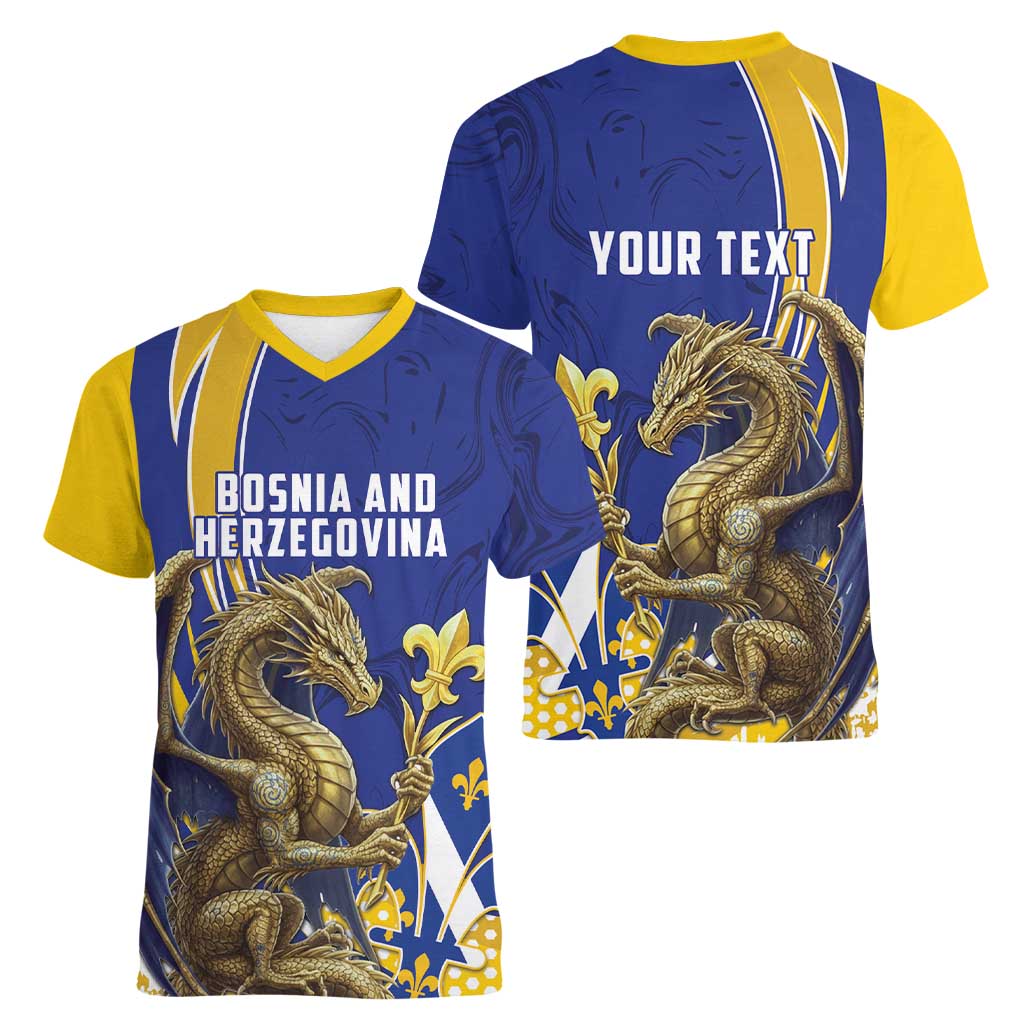 Bosnia and Herzegovina Independence Day Personalized Women V-Neck T-Shirt Medieval Dragon Fleur-de-Lis Patriotic