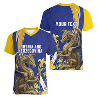 Bosnia and Herzegovina Independence Day Personalized Women V-Neck T-Shirt Medieval Dragon Fleur-de-Lis Patriotic