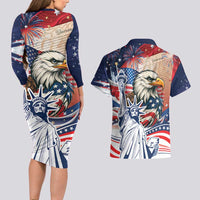 United States Fourth Of July Couples Matching Long Sleeve Bodycon Dress and Hawaiian Shirt Eagle Dead With American Flag
