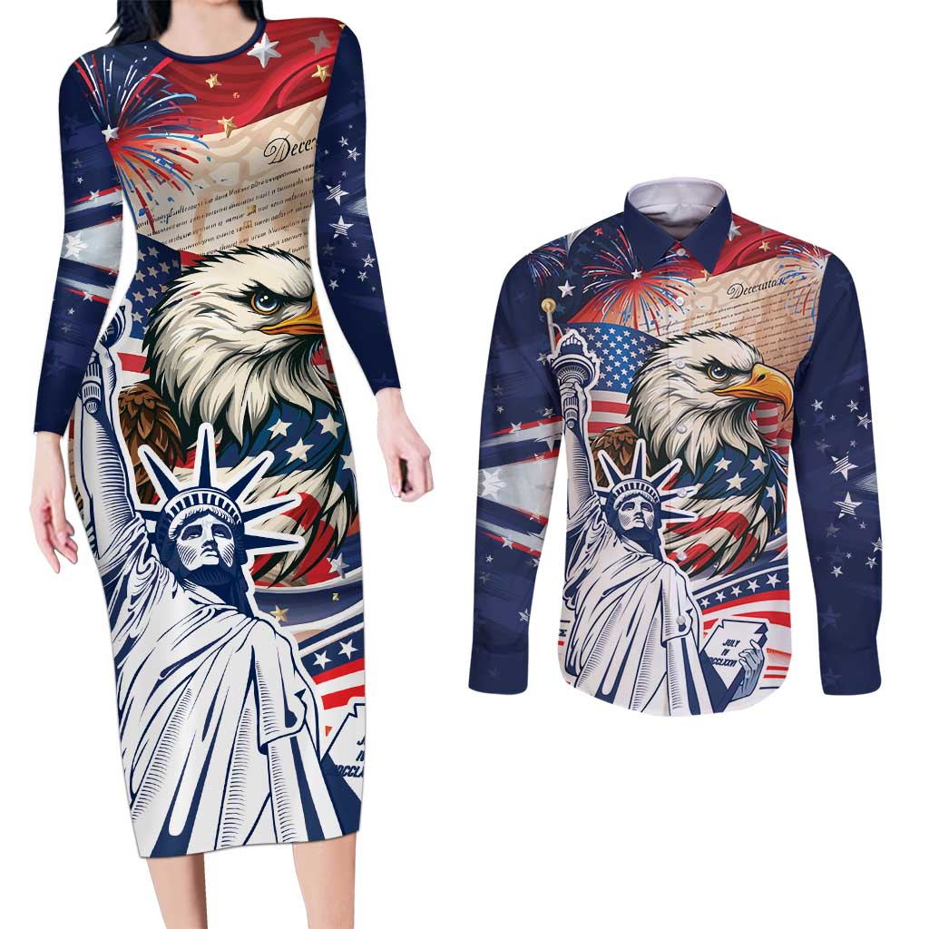 United States Fourth Of July Couples Matching Long Sleeve Bodycon Dress and Long Sleeve Button Shirt Eagle Dead With American Flag