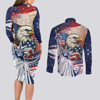United States Fourth Of July Couples Matching Long Sleeve Bodycon Dress and Long Sleeve Button Shirt Eagle Dead With American Flag