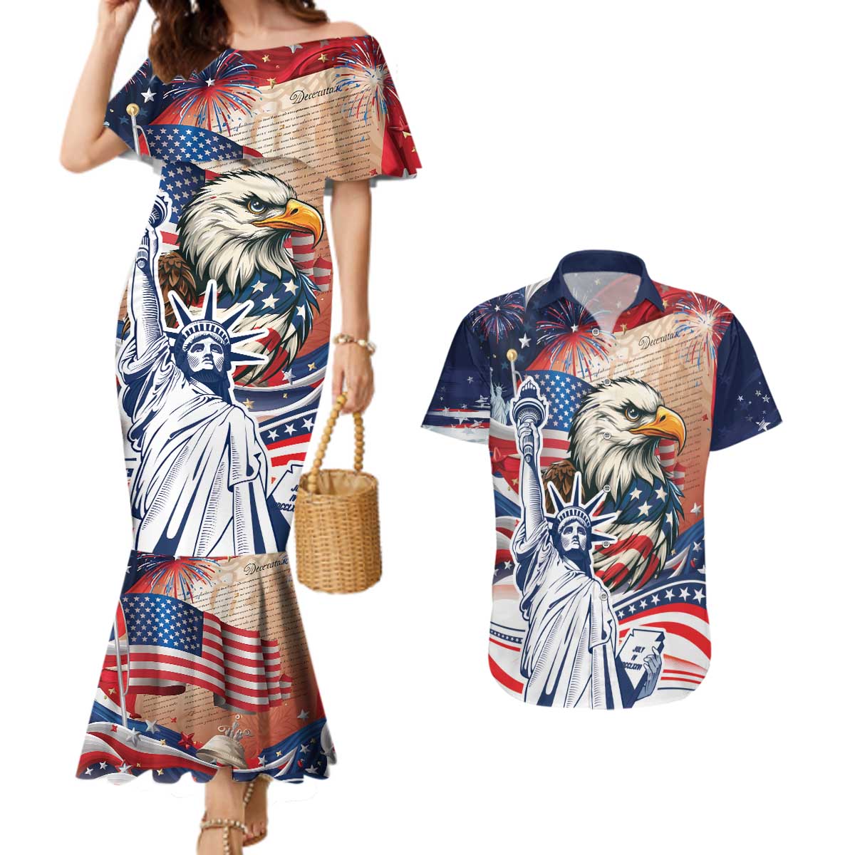 United States Fourth Of July Couples Matching Mermaid Dress and Hawaiian Shirt Eagle Dead With American Flag