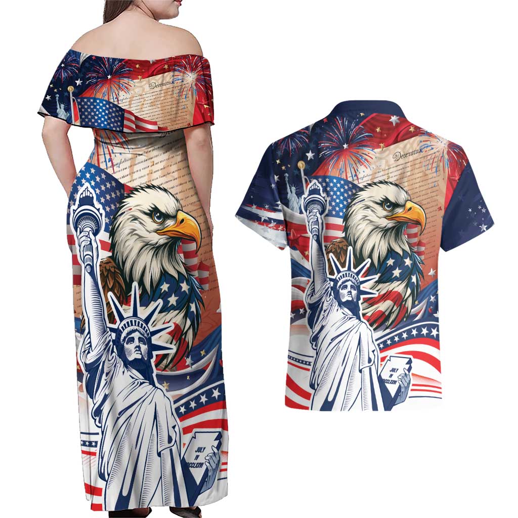 United States Fourth Of July Couples Matching Off Shoulder Maxi Dress and Hawaiian Shirt Eagle Dead With American Flag