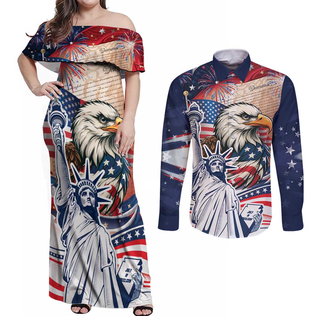 United States Fourth Of July Couples Matching Off Shoulder Maxi Dress and Long Sleeve Button Shirt Eagle Dead With American Flag