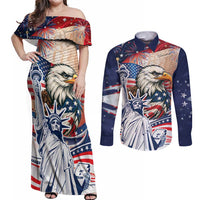 United States Fourth Of July Couples Matching Off Shoulder Maxi Dress and Long Sleeve Button Shirt Eagle Dead With American Flag