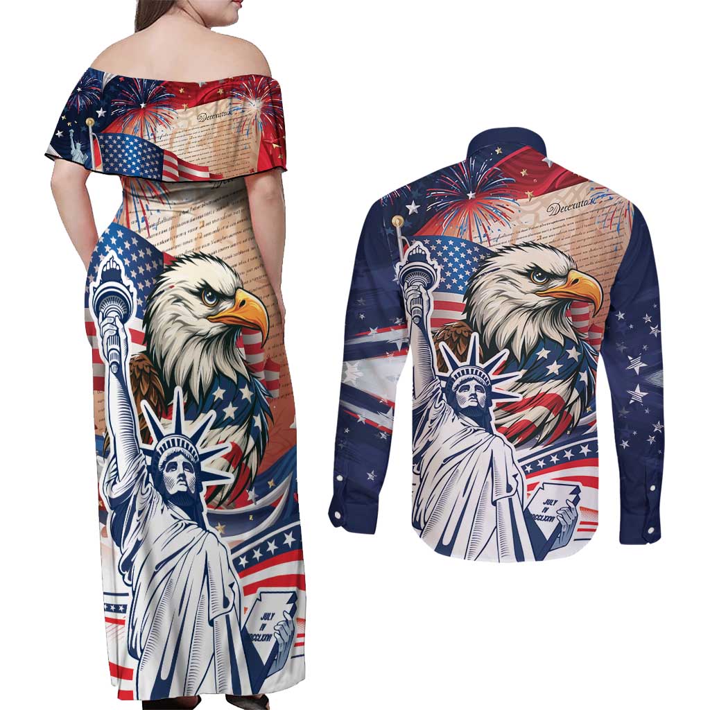 United States Fourth Of July Couples Matching Off Shoulder Maxi Dress and Long Sleeve Button Shirt Eagle Dead With American Flag