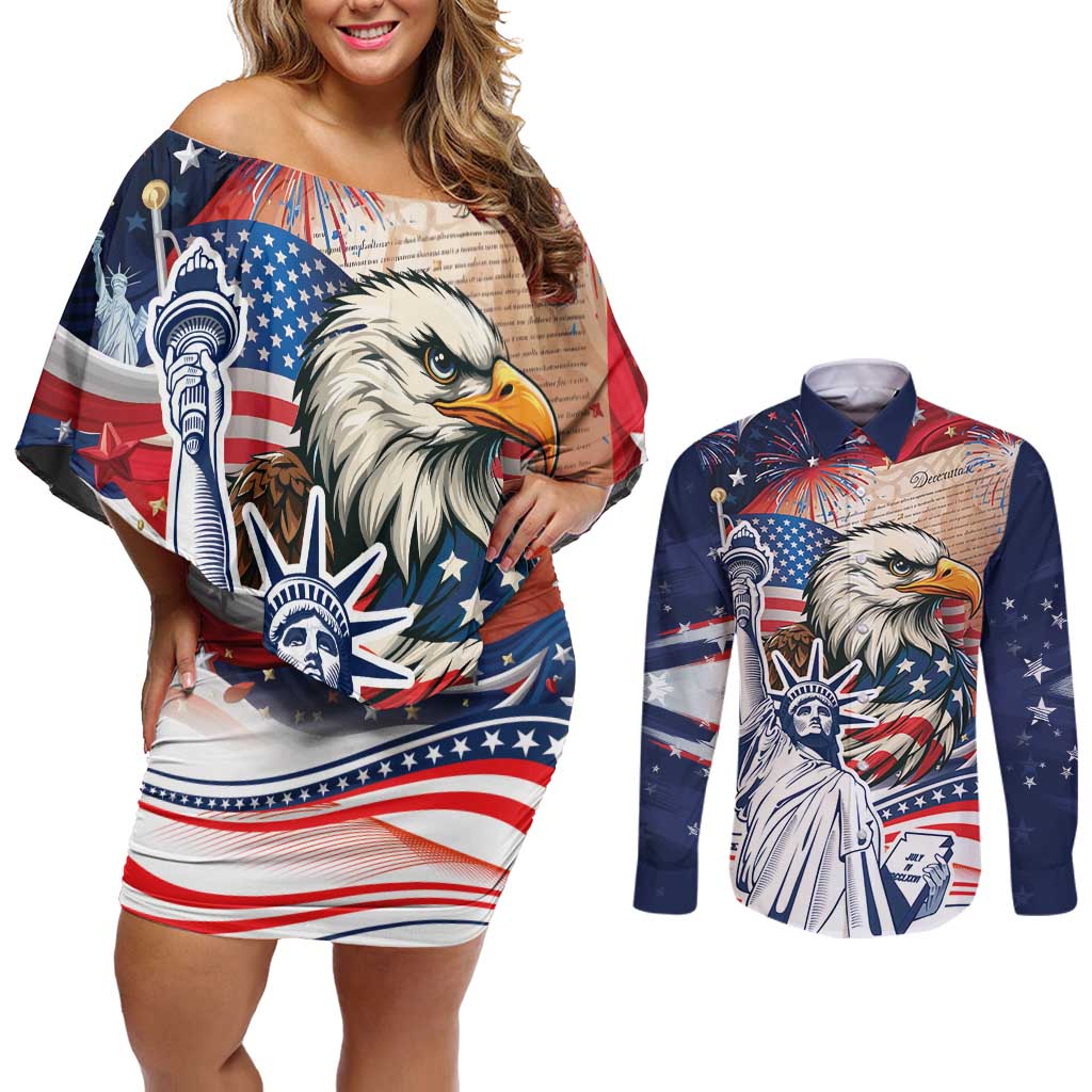 United States Fourth Of July Couples Matching Off Shoulder Short Dress and Long Sleeve Button Shirt Eagle Dead With American Flag