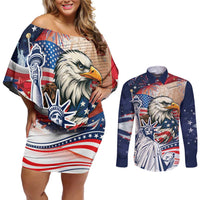 United States Fourth Of July Couples Matching Off Shoulder Short Dress and Long Sleeve Button Shirt Eagle Dead With American Flag