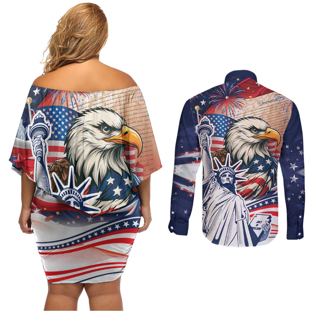 United States Fourth Of July Couples Matching Off Shoulder Short Dress and Long Sleeve Button Shirt Eagle Dead With American Flag