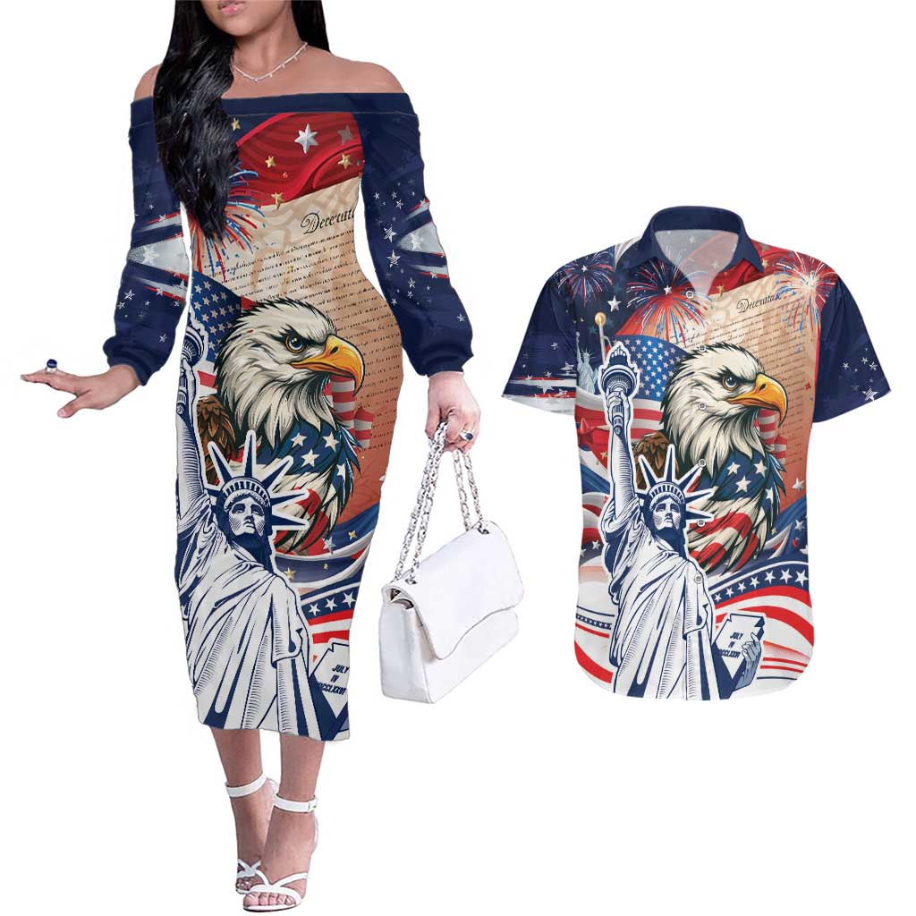 United States Fourth Of July Couples Matching Off The Shoulder Long Sleeve Dress and Hawaiian Shirt Eagle Dead With American Flag