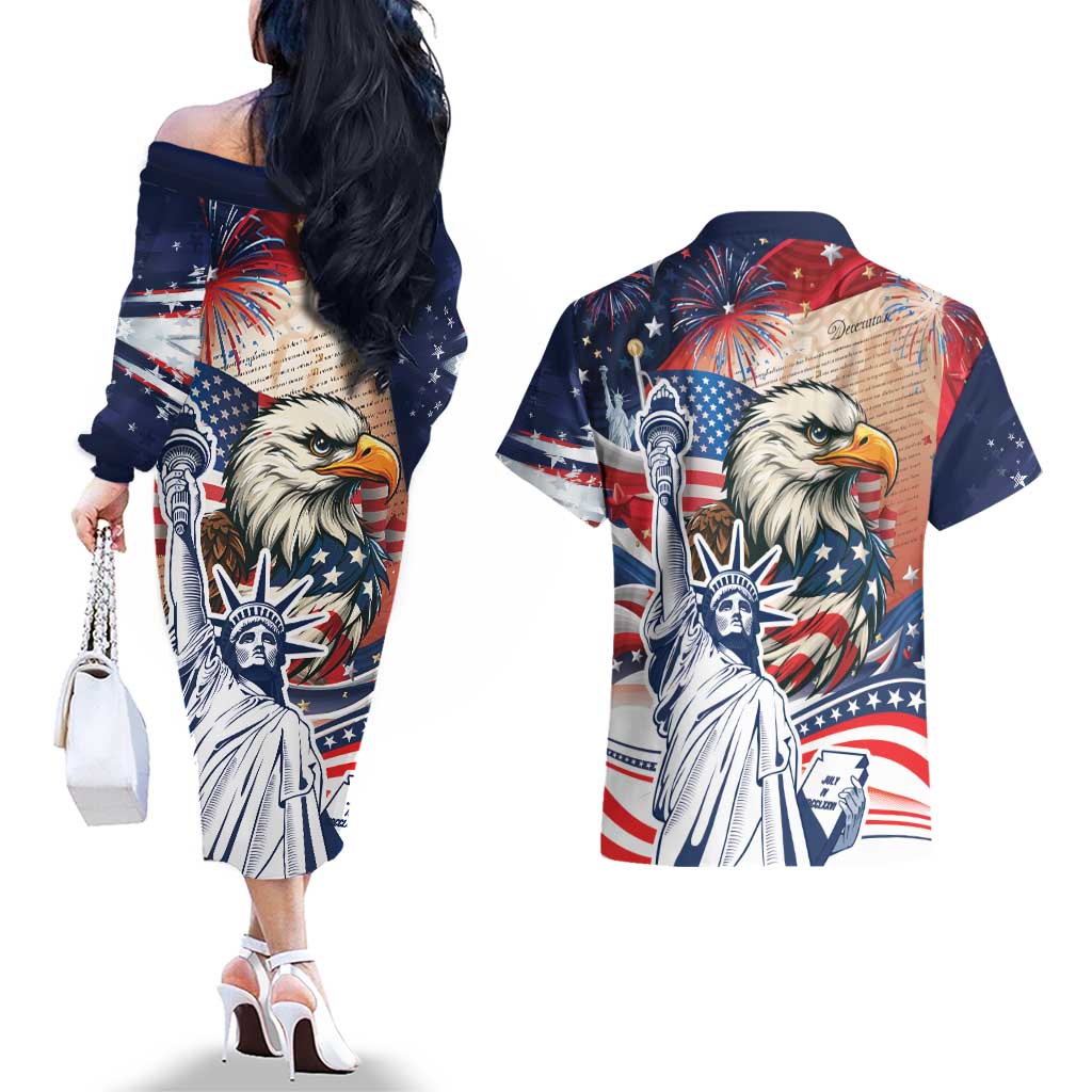 United States Fourth Of July Couples Matching Off The Shoulder Long Sleeve Dress and Hawaiian Shirt Eagle Dead With American Flag