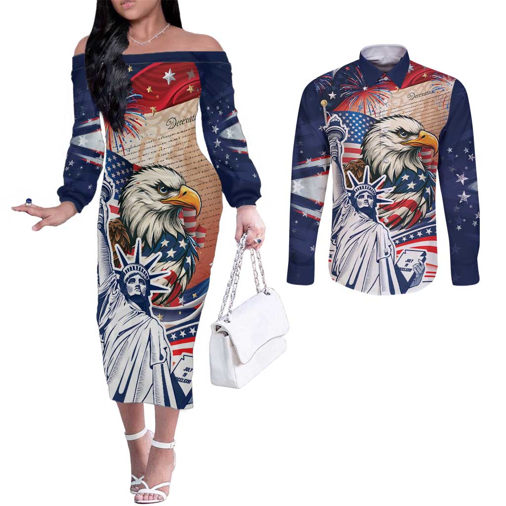 United States Fourth Of July Couples Matching Off The Shoulder Long Sleeve Dress and Long Sleeve Button Shirt Eagle Dead With American Flag