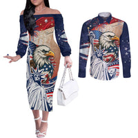 United States Fourth Of July Couples Matching Off The Shoulder Long Sleeve Dress and Long Sleeve Button Shirt Eagle Dead With American Flag