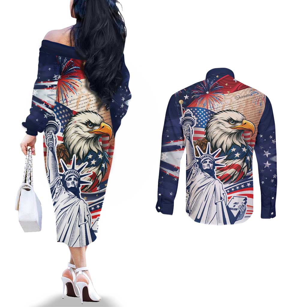 United States Fourth Of July Couples Matching Off The Shoulder Long Sleeve Dress and Long Sleeve Button Shirt Eagle Dead With American Flag