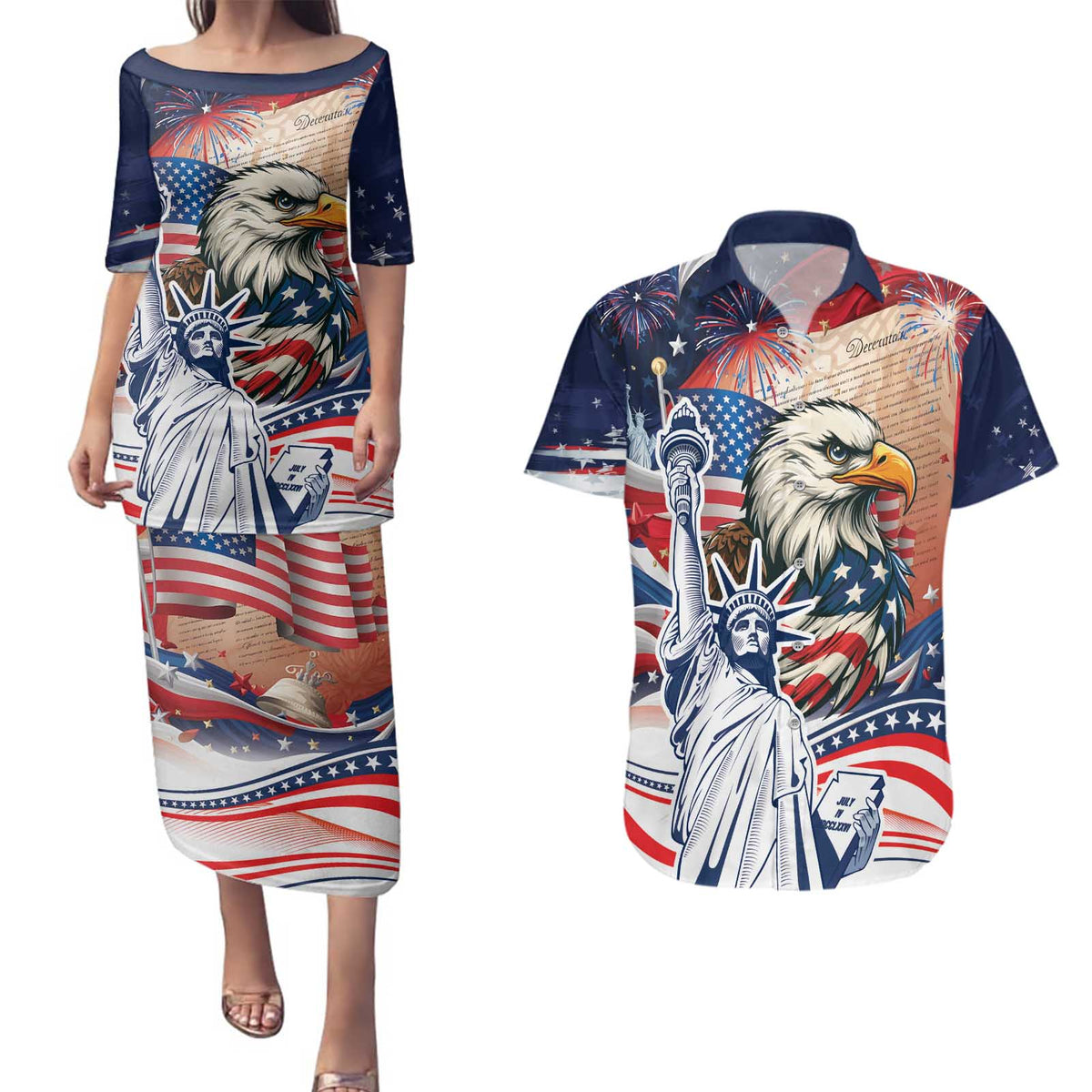 United States Fourth Of July Couples Matching Puletasi and Hawaiian Shirt Eagle Dead With American Flag