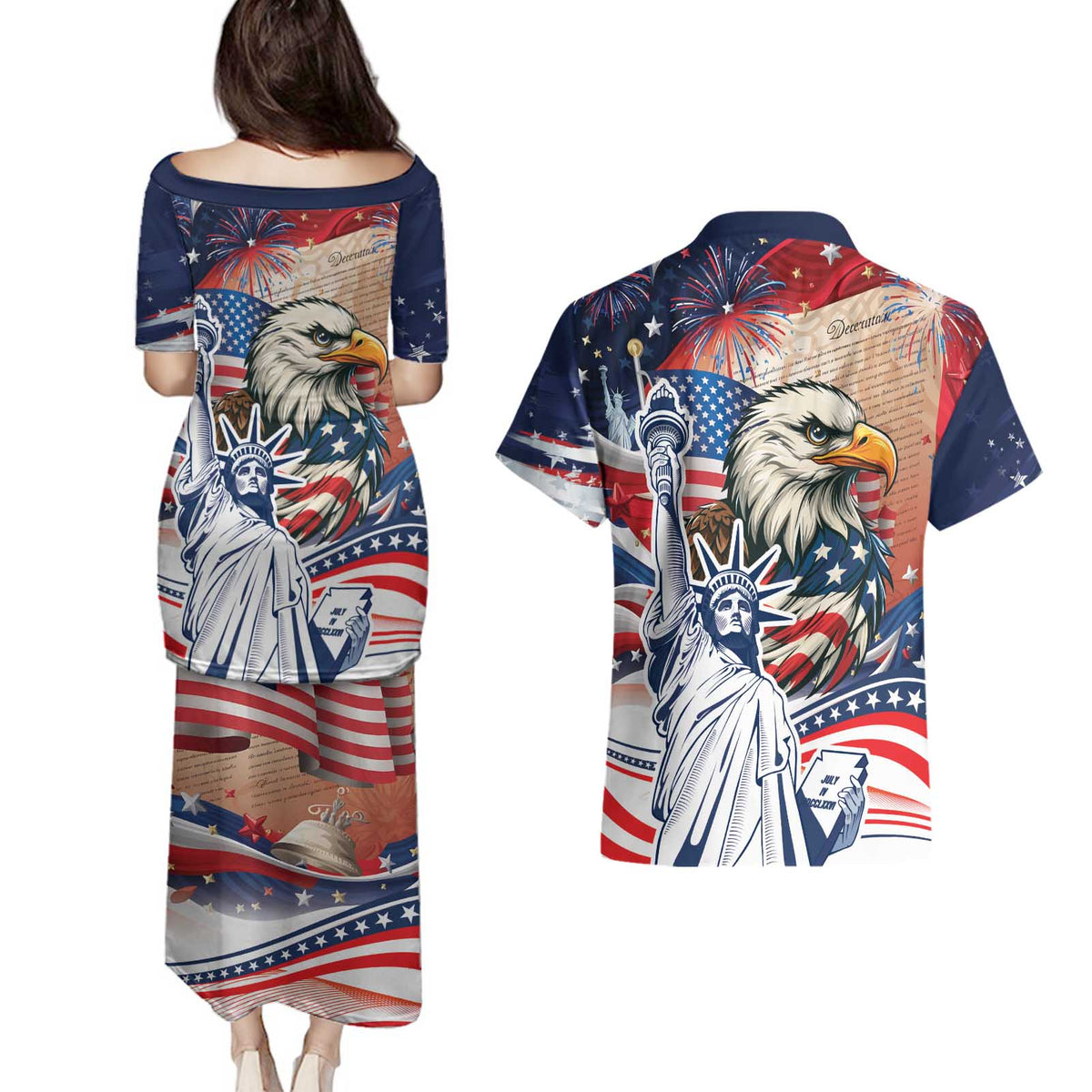 United States Fourth Of July Couples Matching Puletasi and Hawaiian Shirt Eagle Dead With American Flag