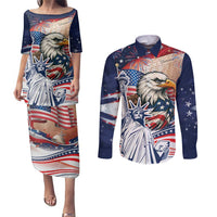 United States Fourth Of July Couples Matching Puletasi and Long Sleeve Button Shirt Eagle Dead With American Flag