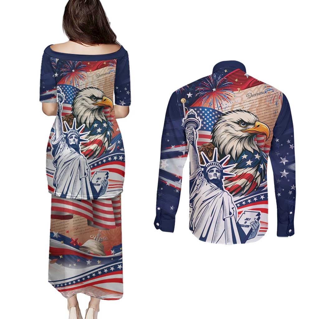 United States Fourth Of July Couples Matching Puletasi and Long Sleeve Button Shirt Eagle Dead With American Flag