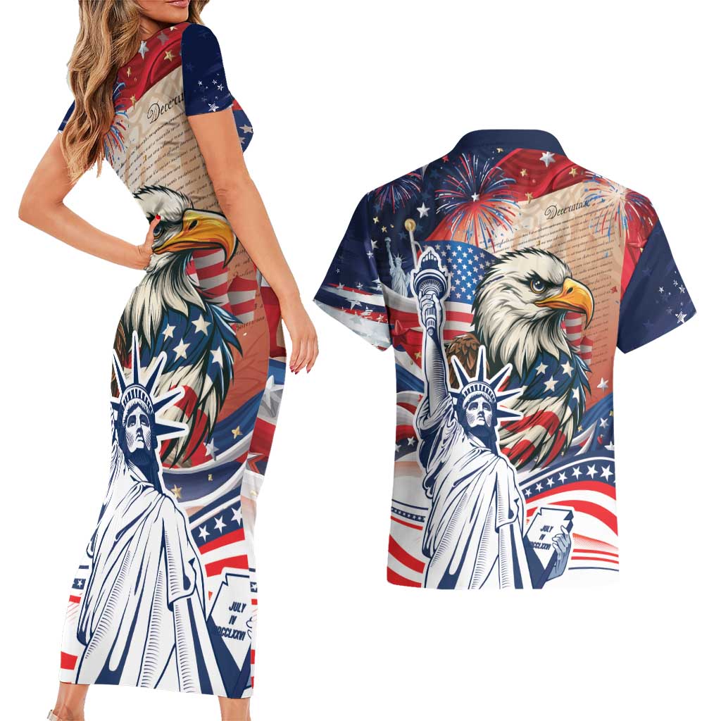 United States Fourth Of July Couples Matching Short Sleeve Bodycon Dress and Hawaiian Shirt Eagle Dead With American Flag