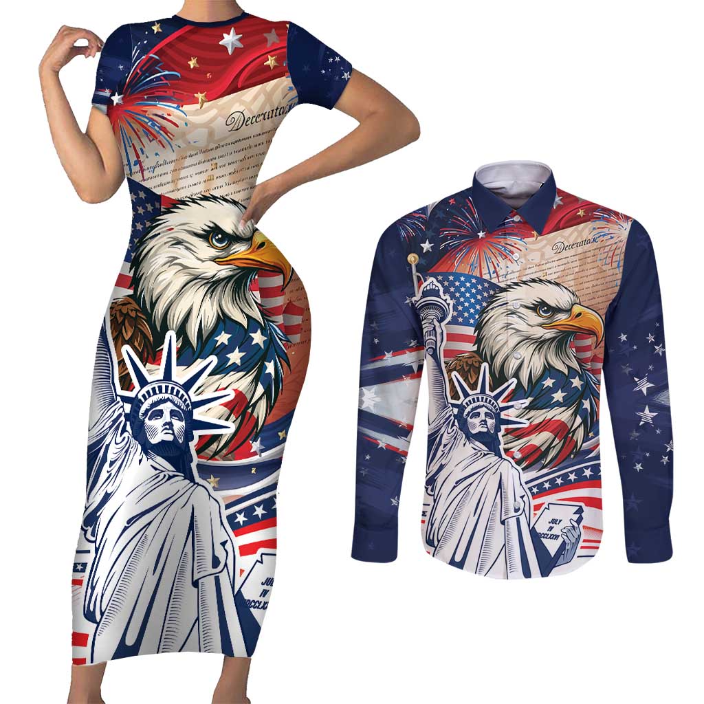 United States Fourth Of July Couples Matching Short Sleeve Bodycon Dress and Long Sleeve Button Shirt Eagle Dead With American Flag