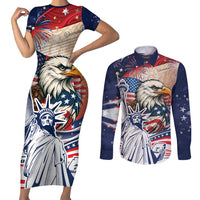 United States Fourth Of July Couples Matching Short Sleeve Bodycon Dress and Long Sleeve Button Shirt Eagle Dead With American Flag