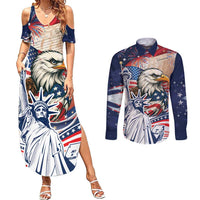 United States Fourth Of July Couples Matching Summer Maxi Dress and Long Sleeve Button Shirt Eagle Dead With American Flag