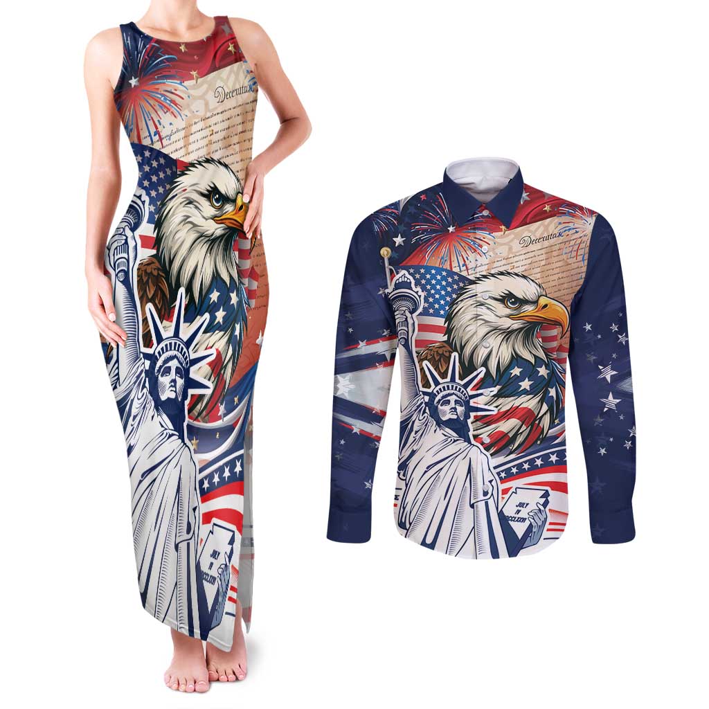 United States Fourth Of July Couples Matching Tank Maxi Dress and Long Sleeve Button Shirt Eagle Dead With American Flag