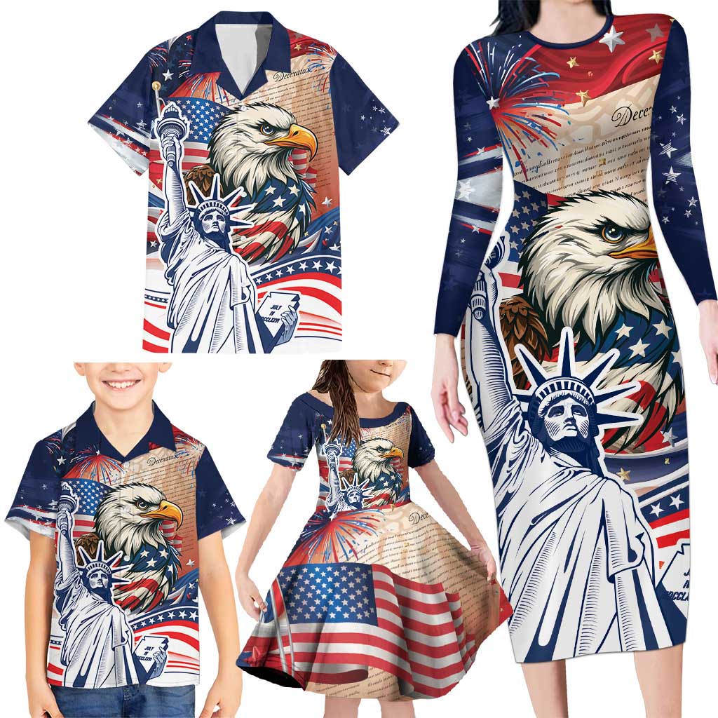 United States Fourth Of July Family Matching Long Sleeve Bodycon Dress and Hawaiian Shirt Eagle Dead With American Flag