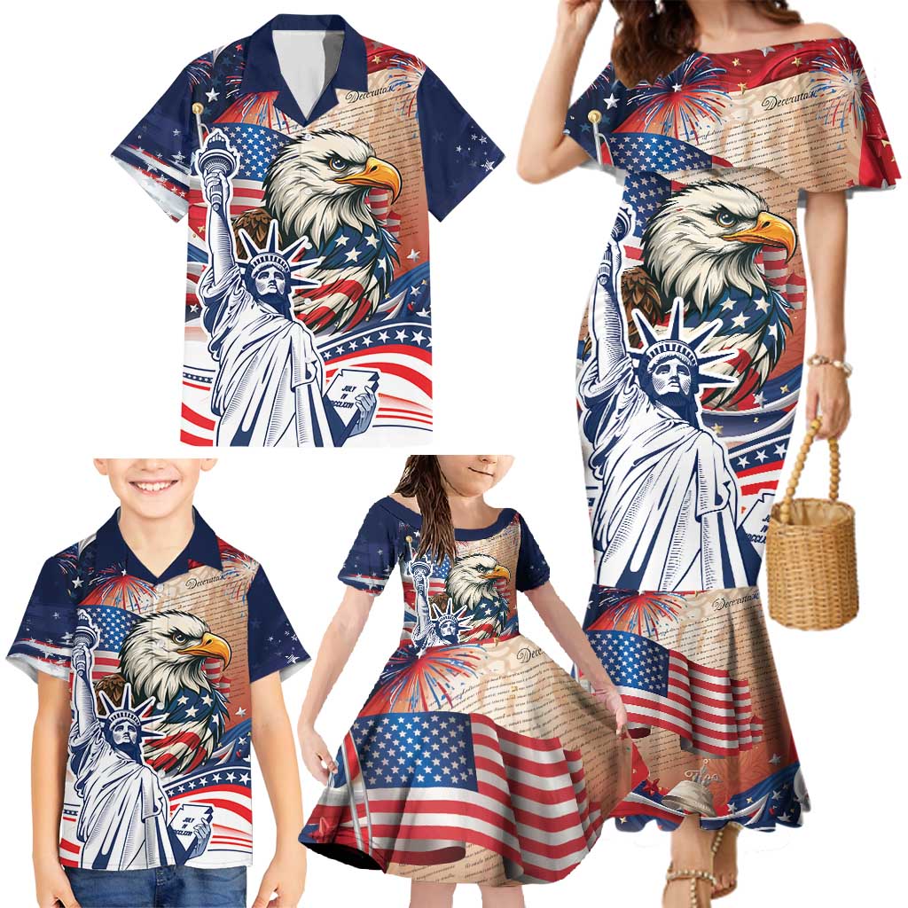 United States Fourth Of July Family Matching Mermaid Dress and Hawaiian Shirt Eagle Dead With American Flag