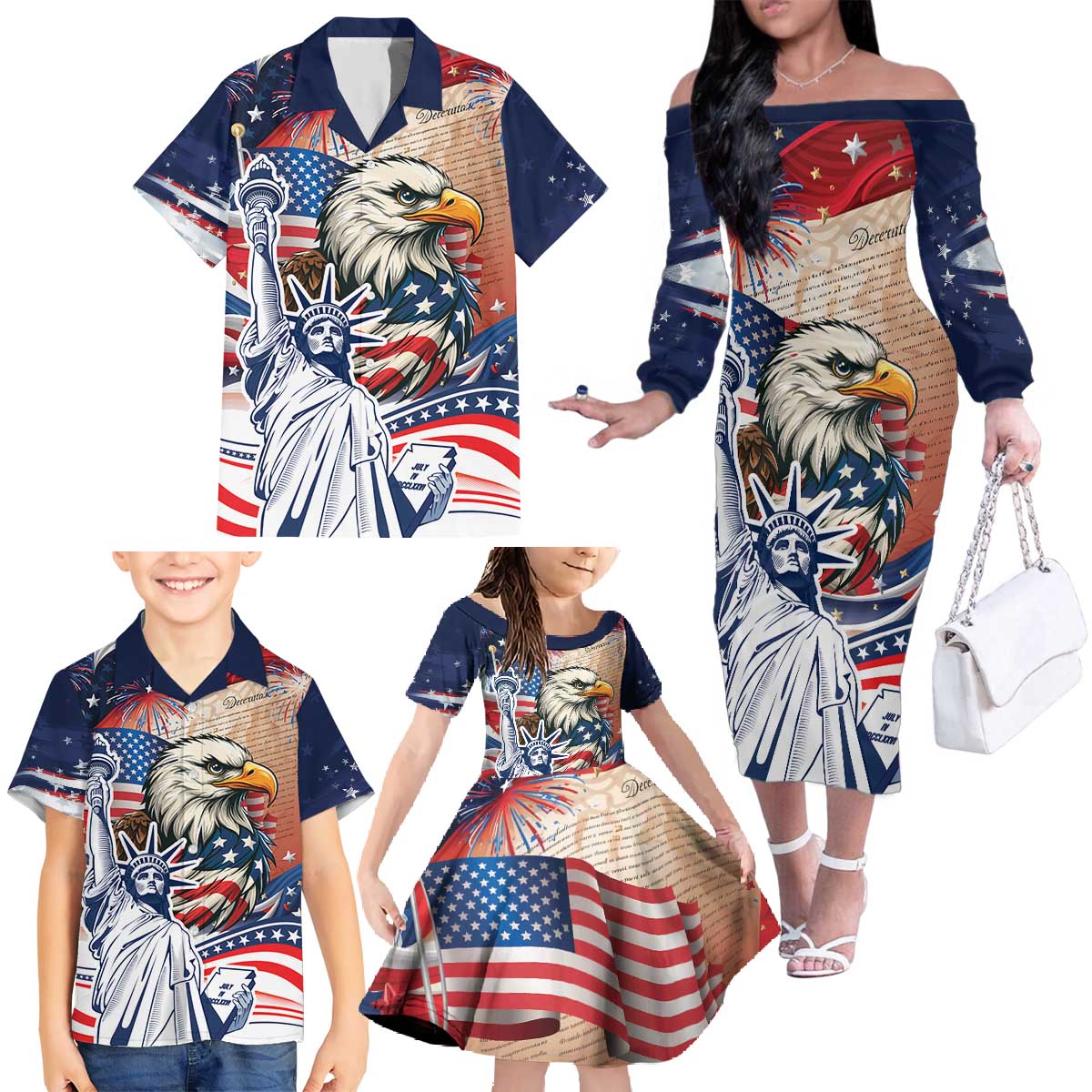 United States Fourth Of July Family Matching Off The Shoulder Long Sleeve Dress and Hawaiian Shirt Eagle Dead With American Flag