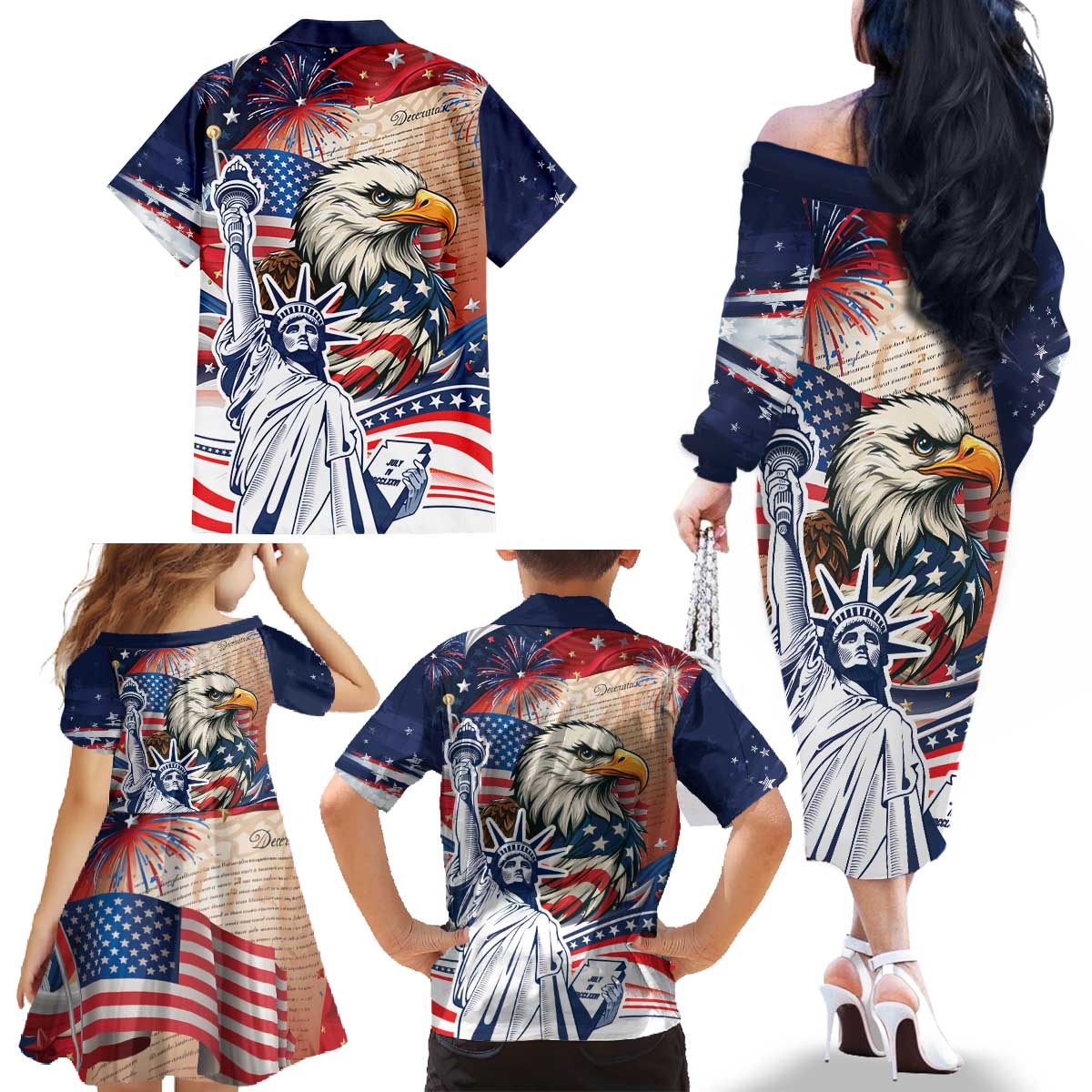 United States Fourth Of July Family Matching Off The Shoulder Long Sleeve Dress and Hawaiian Shirt Eagle Dead With American Flag