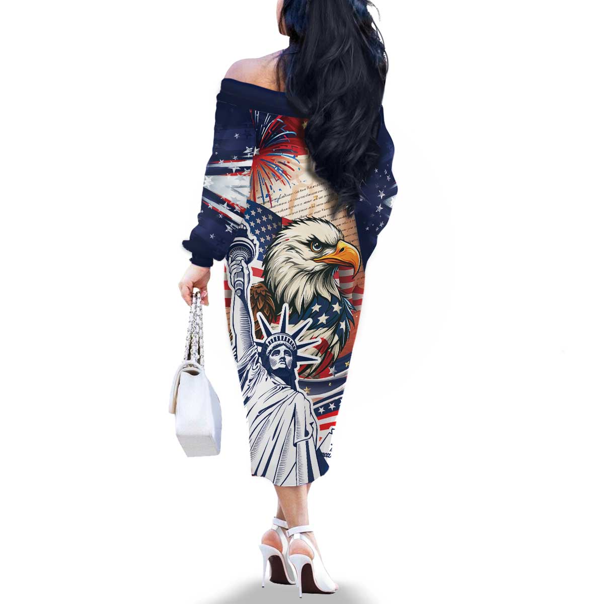 United States Fourth Of July Family Matching Off The Shoulder Long Sleeve Dress and Hawaiian Shirt Eagle Dead With American Flag