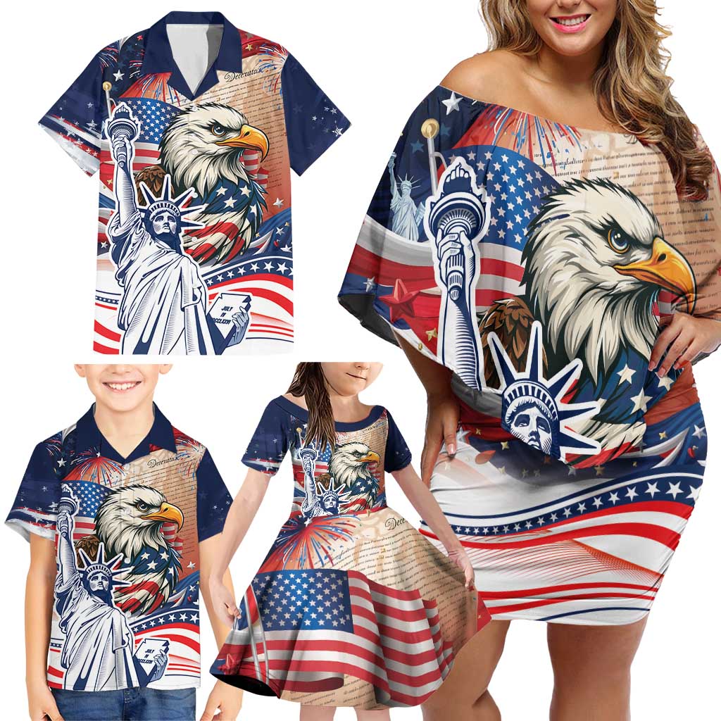United States Fourth Of July Family Matching Off Shoulder Short Dress and Hawaiian Shirt Eagle Dead With American Flag