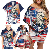 United States Fourth Of July Family Matching Off Shoulder Short Dress and Hawaiian Shirt Eagle Dead With American Flag