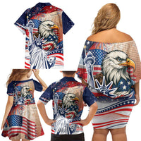 United States Fourth Of July Family Matching Off Shoulder Short Dress and Hawaiian Shirt Eagle Dead With American Flag
