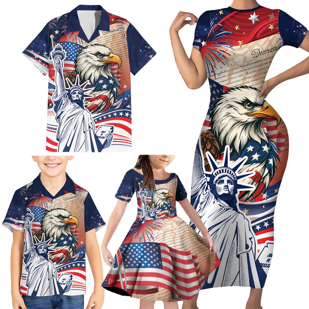 United States Fourth Of July Family Matching Short Sleeve Bodycon Dress and Hawaiian Shirt Eagle Dead With American Flag