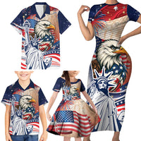 United States Fourth Of July Family Matching Short Sleeve Bodycon Dress and Hawaiian Shirt Eagle Dead With American Flag