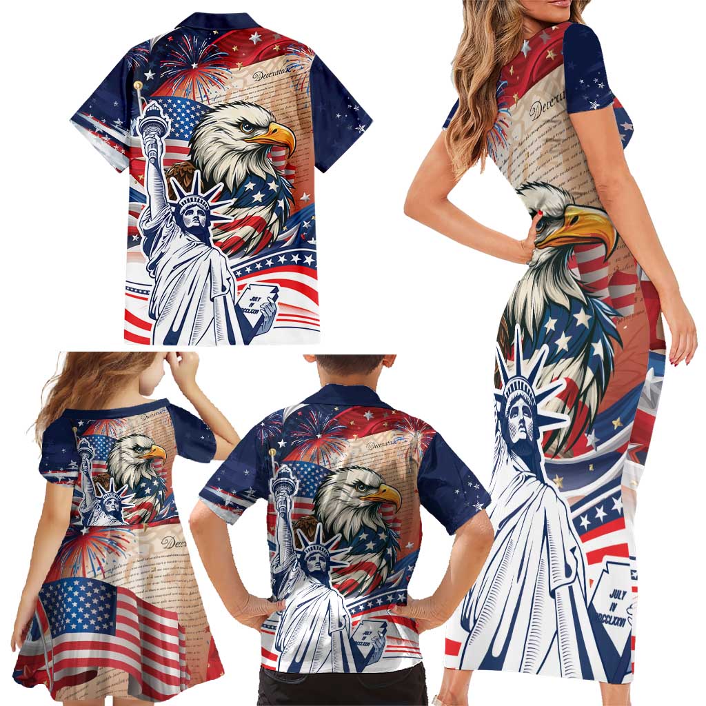 United States Fourth Of July Family Matching Short Sleeve Bodycon Dress and Hawaiian Shirt Eagle Dead With American Flag