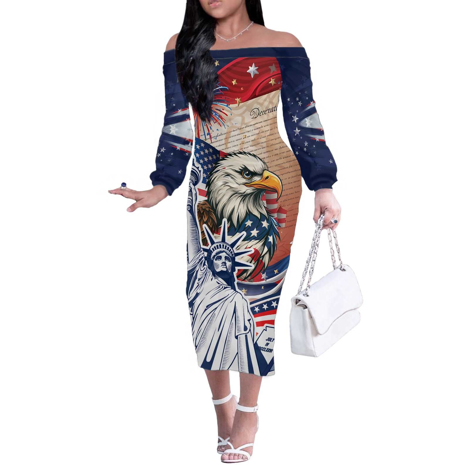 United States Fourth Of July Off The Shoulder Long Sleeve Dress Eagle Dead With American Flag