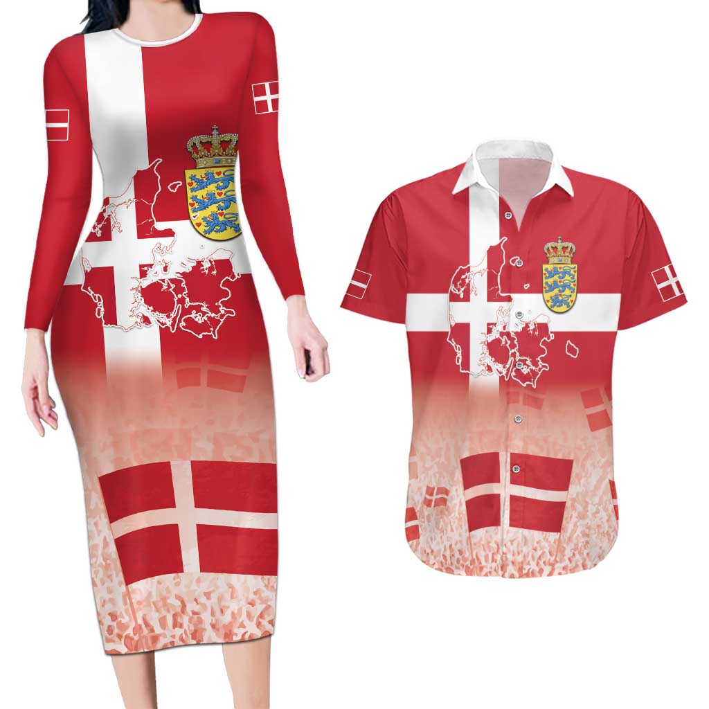 Danish National Flag Day Couples Matching Long Sleeve Bodycon Dress and Hawaiian Shirt Coat Of Arms With Map