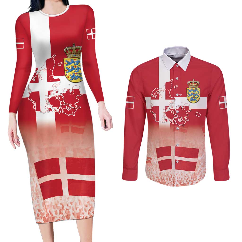 Danish National Flag Day Couples Matching Long Sleeve Bodycon Dress and Long Sleeve Button Shirt Coat Of Arms With Map
