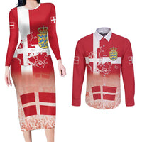 Danish National Flag Day Couples Matching Long Sleeve Bodycon Dress and Long Sleeve Button Shirt Coat Of Arms With Map
