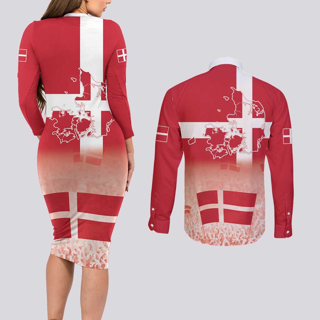 Danish National Flag Day Couples Matching Long Sleeve Bodycon Dress and Long Sleeve Button Shirt Coat Of Arms With Map
