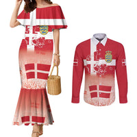 Danish National Flag Day Couples Matching Mermaid Dress and Long Sleeve Button Shirt Coat Of Arms With Map