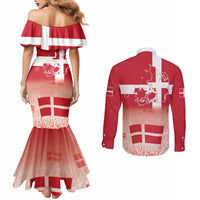Danish National Flag Day Couples Matching Mermaid Dress and Long Sleeve Button Shirt Coat Of Arms With Map